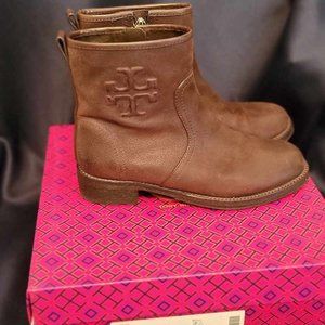 Pre-owned Tory Burch Simone Brown Distressed Leather Bootie Shoes Size 7.5